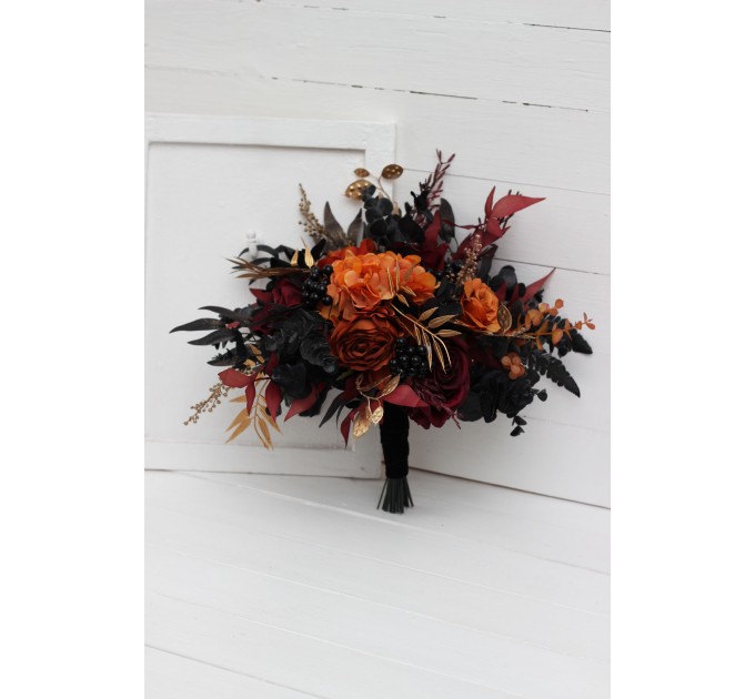 Burgundy, Black, Rust, and Gold Wedding Bouquets – Elegant Faux Bridal Bouquets