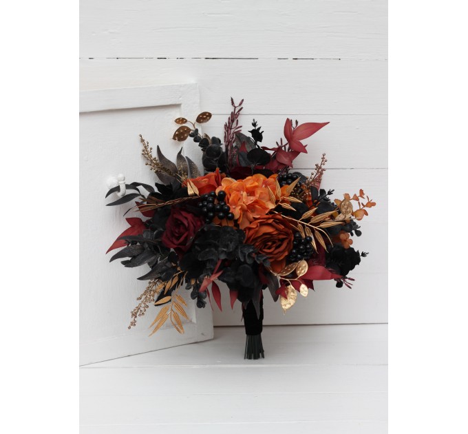Burgundy, Black, Rust, and Gold Wedding Bouquets – Elegant Faux Bridal Bouquets