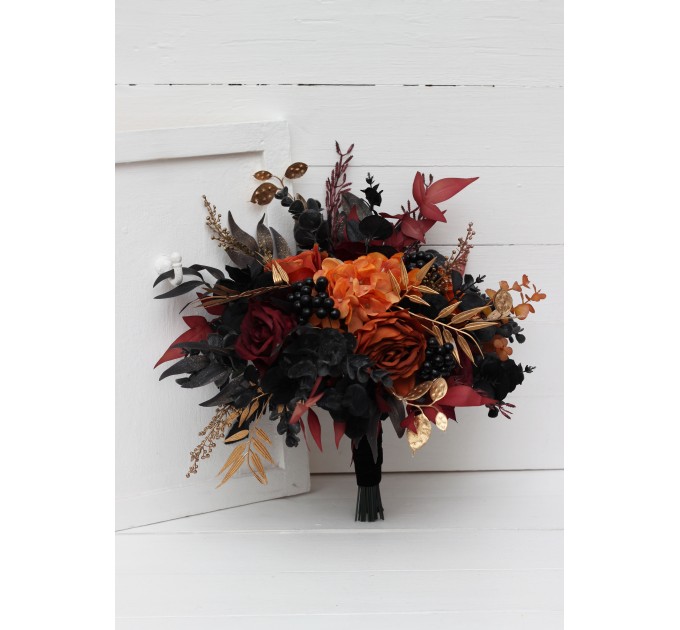 Wedding bouquets in burgundy black rust gold colors. Bridal bouquet. Faux bouquet. Bridesmaid bouquet. Gothic black wedding bouquet.5014-1