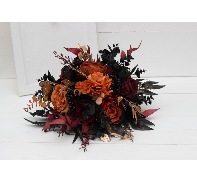Burgundy, Black, Rust, and Gold Wedding Bouquets – Elegant Faux Bridal Bouquets