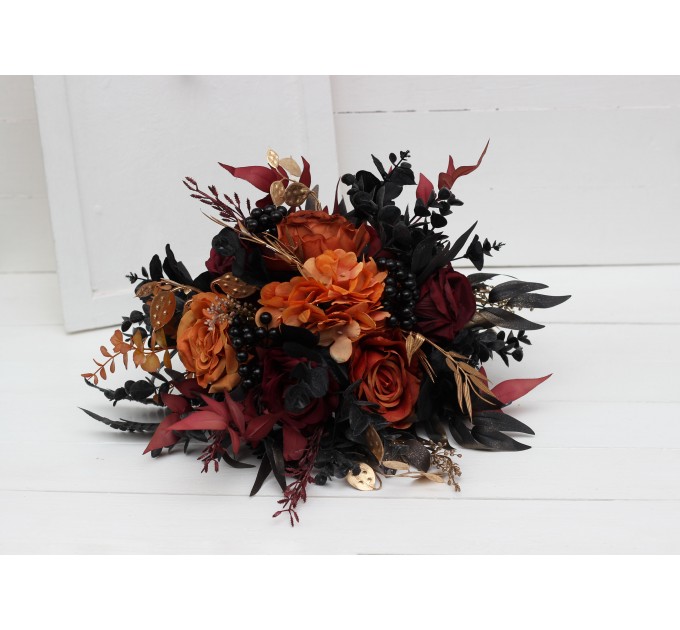 Wedding bouquets in burgundy black rust gold colors. Bridal bouquet. Faux bouquet. Bridesmaid bouquet. Gothic black wedding bouquet.5014-1