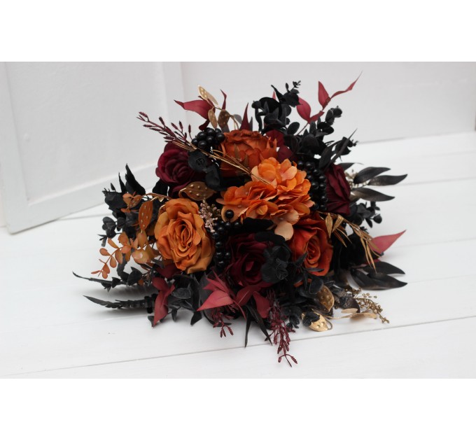 Wedding bouquets in burgundy black rust gold colors. Bridal bouquet. Faux bouquet. Bridesmaid bouquet. Gothic black wedding bouquet.5014-1