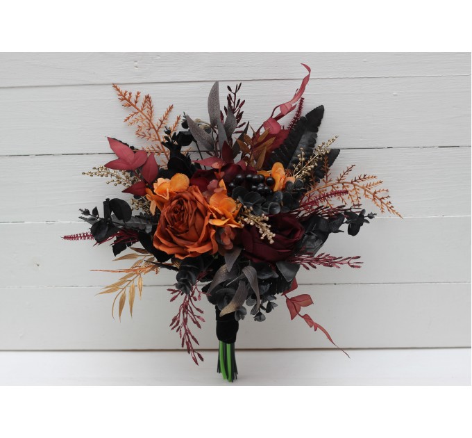 Wedding bouquets in burgundy black rust gold colors. Bridal bouquet. Faux bouquet. Bridesmaid bouquet. Gothic black wedding bouquet.5014-1