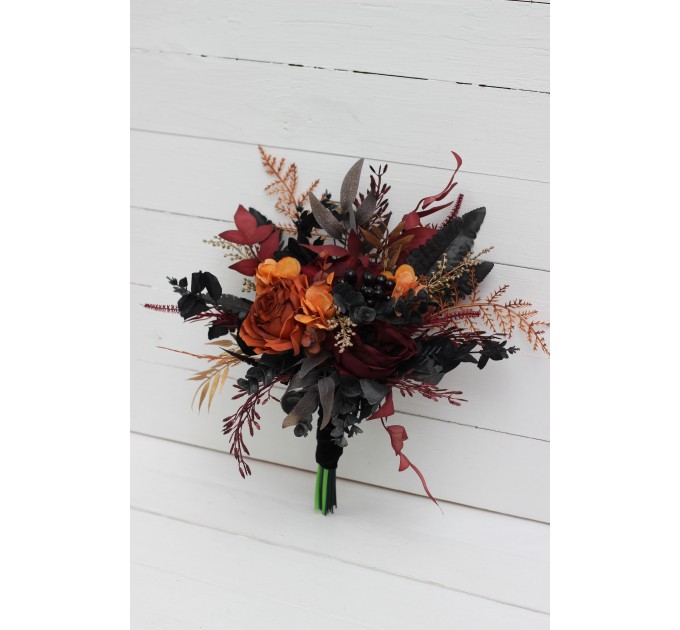 Burgundy, Black, Rust, and Gold Wedding Bouquets – Elegant Faux Bridal Bouquets