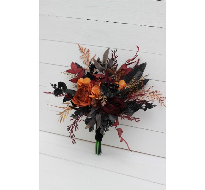 Wedding bouquets in burgundy black rust gold colors. Bridal bouquet. Faux bouquet. Bridesmaid bouquet. Gothic black wedding bouquet.5014-1