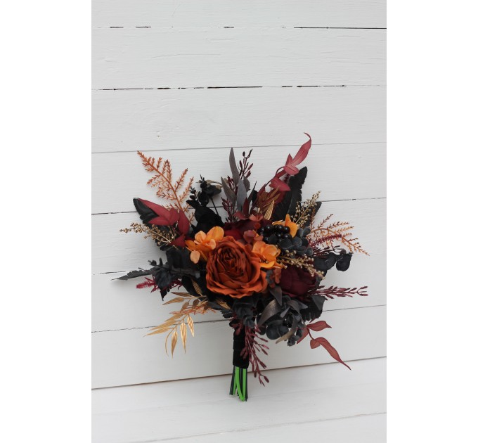 Burgundy, Black, Rust, and Gold Wedding Bouquets – Elegant Faux Bridal Bouquets