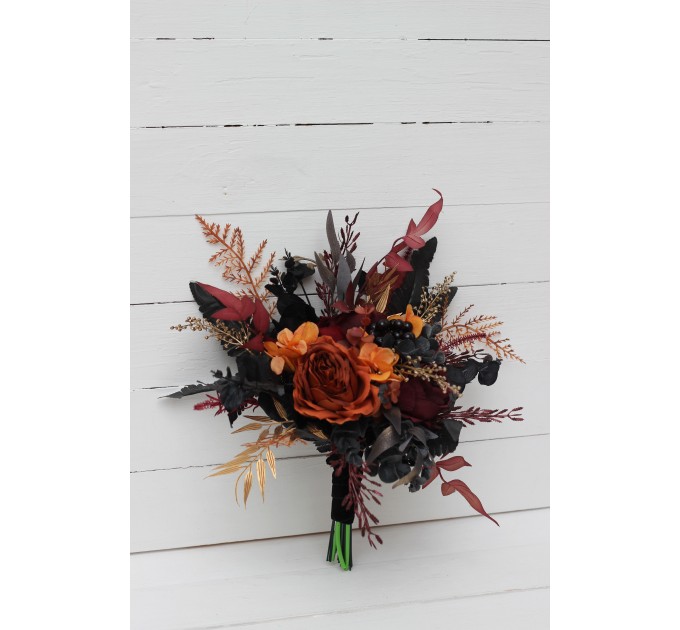 Wedding bouquets in burgundy black rust gold colors. Bridal bouquet. Faux bouquet. Bridesmaid bouquet. Gothic black wedding bouquet.5014-1