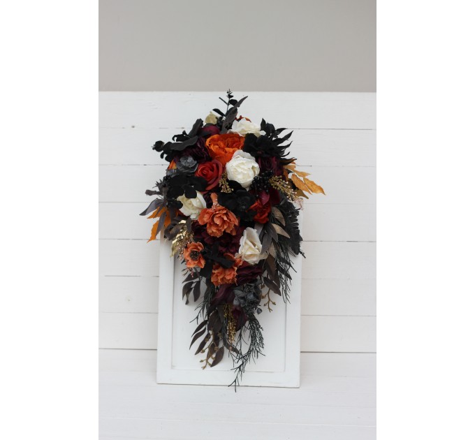 Halloween wedding bouquets in purple black rust gold colors. Bridal bouquet. Cascading bouquet. Faux bouquet. Bridesmaid bouquet. 5014