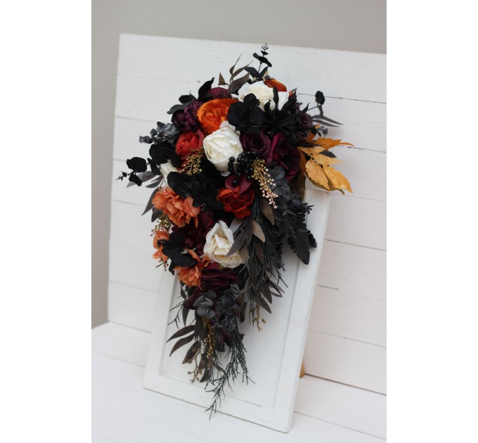 Halloween wedding bouquets in purple black rust gold colors. Bridal bouquet. Cascading bouquet. Faux bouquet. Bridesmaid bouquet. 5014