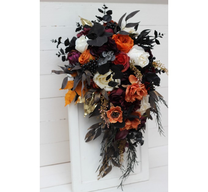 Halloween wedding bouquets in purple black rust gold colors. Bridal bouquet. Cascading bouquet. Faux bouquet. Bridesmaid bouquet. 5014