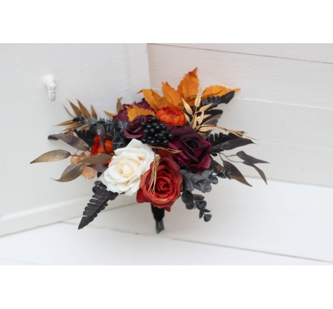 Halloween wedding bouquets in purple black rust gold colors. Bridal bouquet. Cascading bouquet. Faux bouquet. Bridesmaid bouquet. 5014