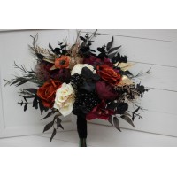 Halloween wedding bouquets in purple black rust gold colors. Bridal bouquet. Cascading bouquet. Faux bouquet. Bridesmaid bouquet.Gothic black wedding bouquet. 5014