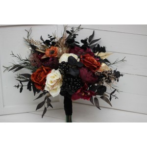 Halloween wedding bouquets in purple black rust gold colors. Bridal bouquet. Cascading bouquet. Faux bouquet. Bridesmaid bouquet.Gothic black wedding bouquet. 5014