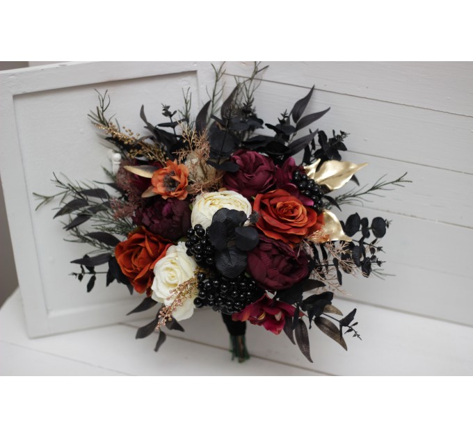 Halloween wedding bouquets in purple black rust gold colors. Bridal bouquet. Cascading bouquet. Faux bouquet. Bridesmaid bouquet. 5014