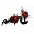 Wedding boutonniere and wrist corsage in Halloween color scheme. Flower accessories. 5014