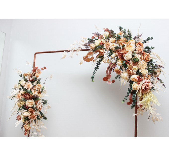  Flower arch arrangement in orange rust peach colors.  Arbor flowers. Floral archway. Faux flowers for wedding arch. 5017