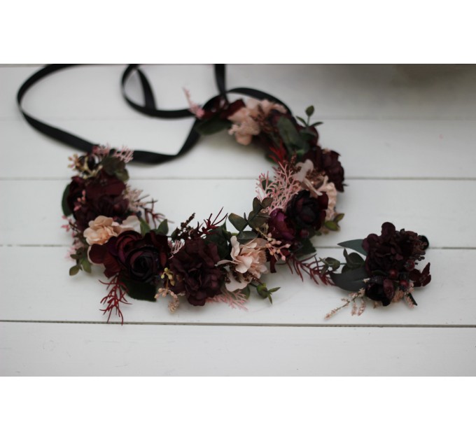 Purple burgundy beige black flower crown. Hair wreath. Flower girl crown. Wedding flowers. 5016