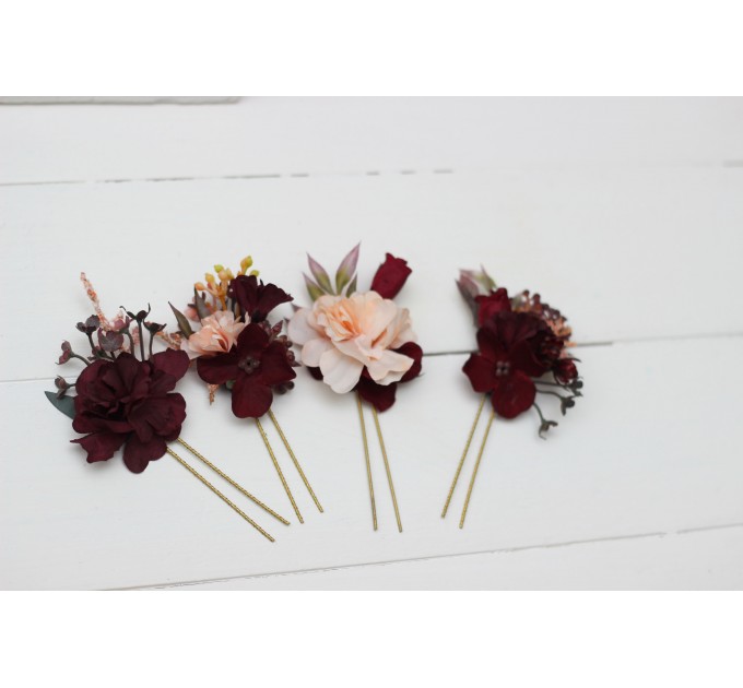  Set of 4 hair pins in  purple burgundy beige black  color scheme. Hair accessories. Flower accessories for wedding.  5016