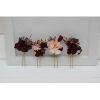  Set of 4 hair pins in  purple burgundy beige color scheme. Hair accessories. Flower accessories for wedding.  5016