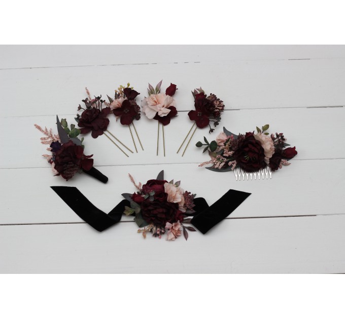 Set of 4 hair pins in  purple burgundy beige black  color scheme. Hair accessories. Flower accessories for wedding.  5016