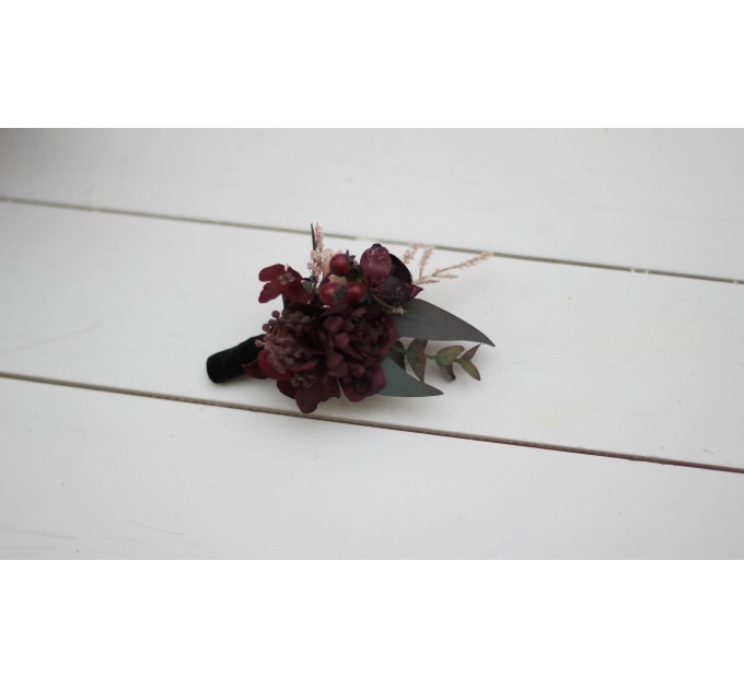 Wedding Boutonniere & Wrist Corsage in Purple, Burgundy, Beige & Black | Faux Flower Accessories