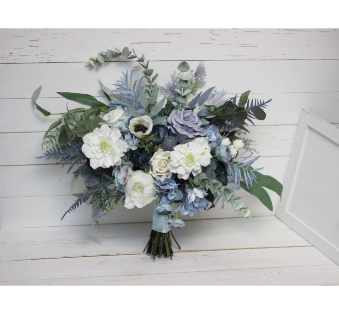 Wedding bouquet in dusty blue white colors. Bridal bouquet. Faux bouquet. Bridesmaid bouquet. 5015-1