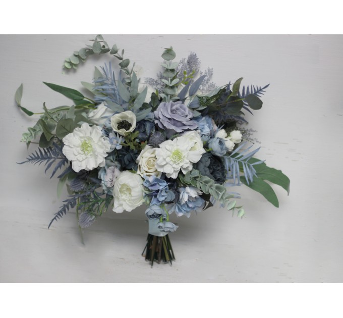 Wedding bouquet in dusty blue white colors. Bridal bouquet. Faux bouquet. Bridesmaid bouquet. 5015-1