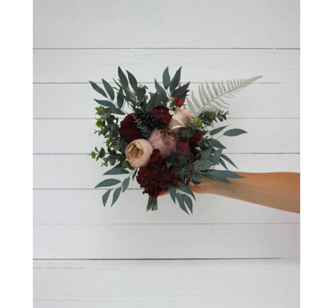 Wedding Bouquets in Deep Burgundy & Beige | Faux Bridal & Bridesmaid Bouquets