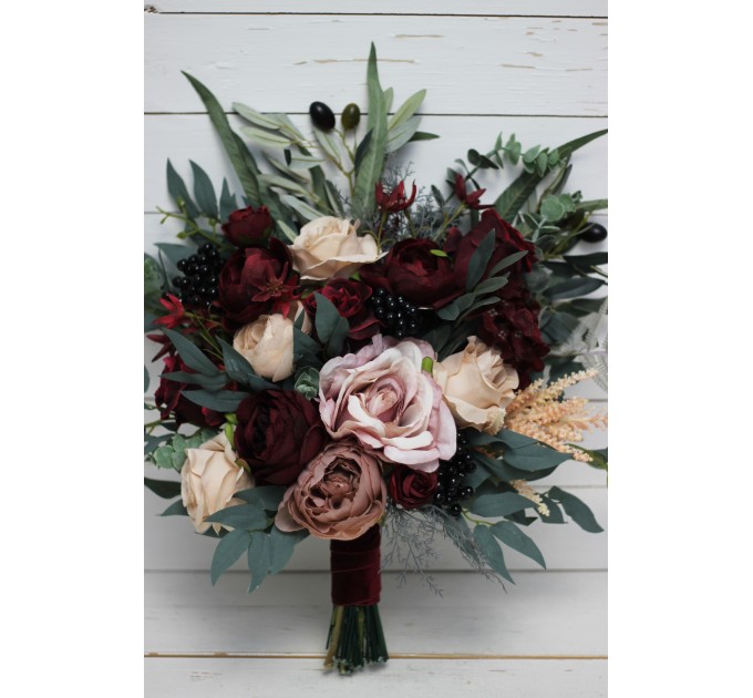 Wedding Bouquets in Deep Burgundy & Beige | Faux Bridal & Bridesmaid Bouquets