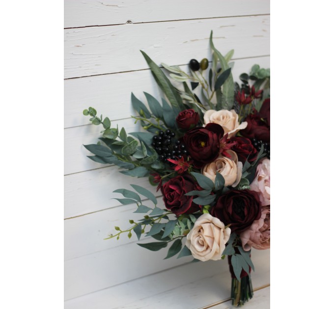 Wedding Bouquets in Deep Burgundy & Beige | Faux Bridal & Bridesmaid Bouquets