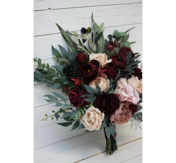 Wedding Bouquets in Deep Burgundy & Beige | Faux Bridal & Bridesmaid Bouquets