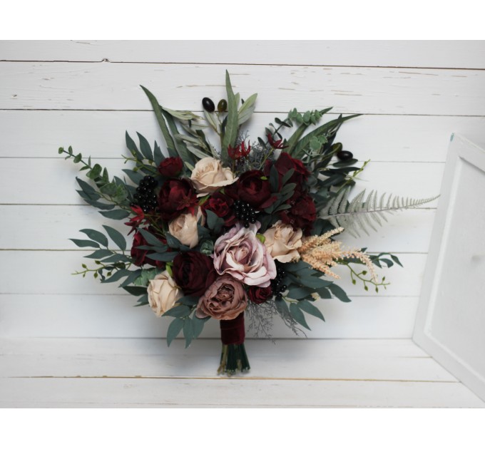 Wedding Bouquets in Deep Burgundy & Beige | Faux Bridal & Bridesmaid Bouquets