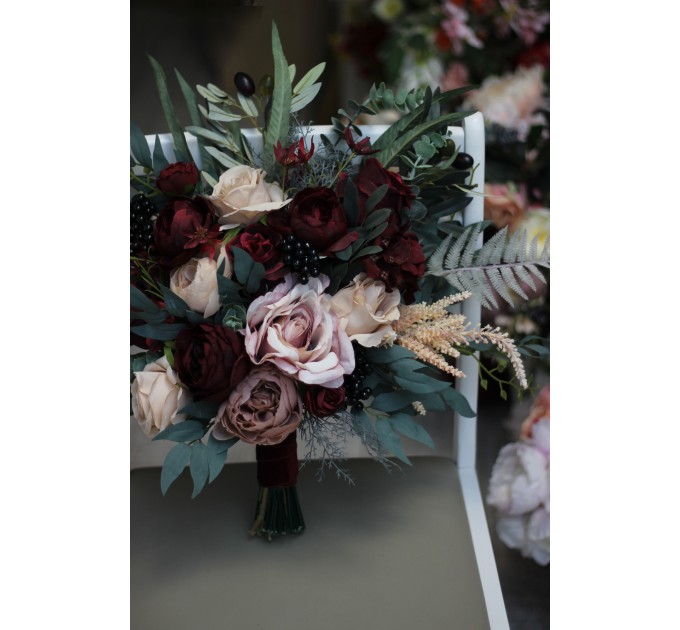 Wedding Bouquets in Deep Burgundy & Beige | Faux Bridal & Bridesmaid Bouquets