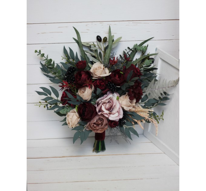 Wedding Bouquets in Deep Burgundy & Beige | Faux Bridal & Bridesmaid Bouquets