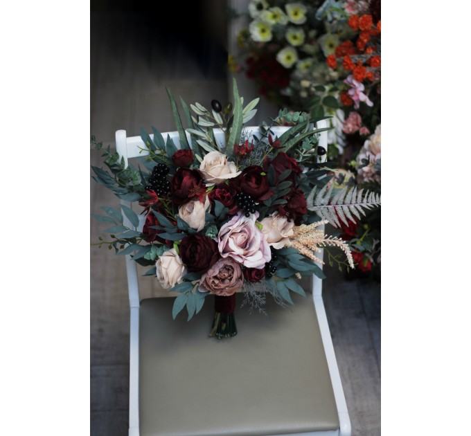Wedding Bouquets in Deep Burgundy & Beige | Faux Bridal & Bridesmaid Bouquets