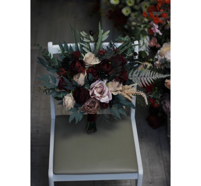 Wedding Bouquets in Deep Burgundy & Beige | Faux Bridal & Bridesmaid Bouquets