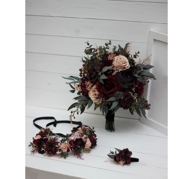 Wedding bouquets in purple burgundy beige black  colors. Bridal bouquet. Cascading bouquet. Faux bouquet. Bridesmaid bouquet. 5016