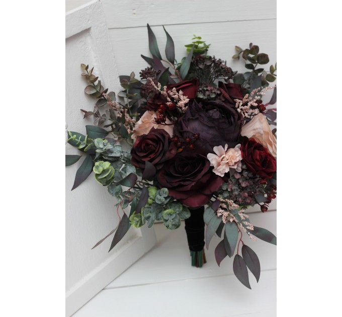 Wedding bouquets in purple burgundy beige black  colors. Bridal bouquet. Cascading bouquet. Faux bouquet. Bridesmaid bouquet. 5016