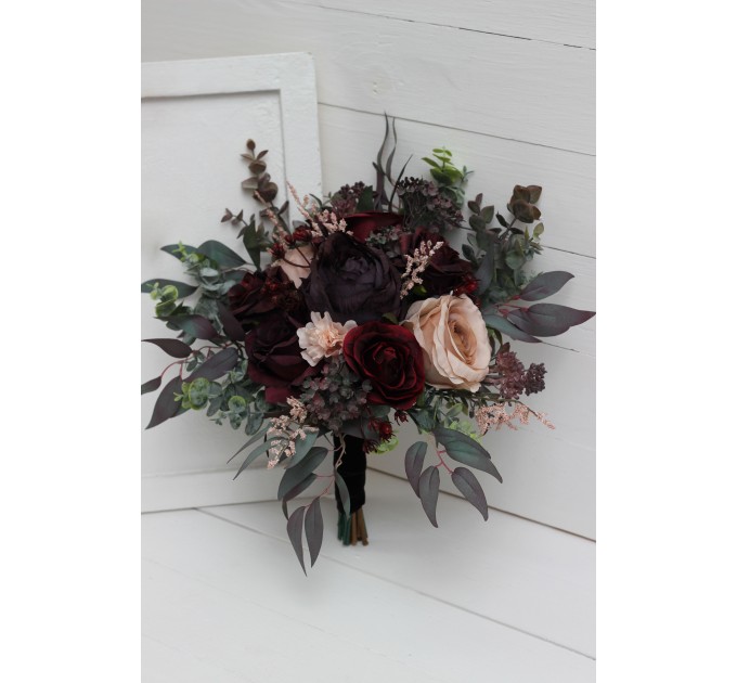 Wedding bouquets in purple burgundy beige black  colors. Bridal bouquet. Cascading bouquet. Faux bouquet. Bridesmaid bouquet. 5016