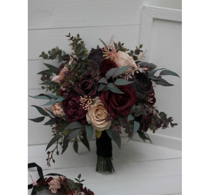 Wedding bouquets in purple burgundy beige black  colors. Bridal bouquet. Cascading bouquet. Faux bouquet. Bridesmaid bouquet. 5016