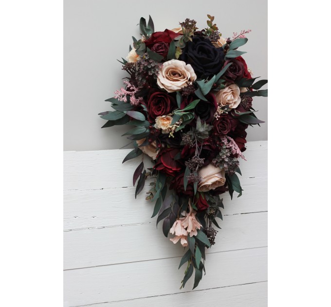 Wedding bouquets in purple burgundy beige black  colors. Bridal bouquet. Cascading bouquet. Faux bouquet. Bridesmaid bouquet. 5016