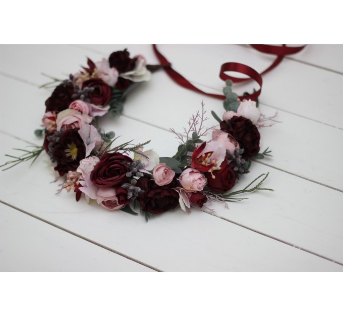 Burgundy dusty pink flower crown. Hair wreath. Flower girl crown. Wedding flowers. 5019