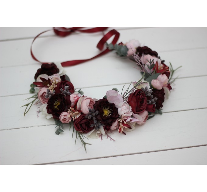 Burgundy dusty pink flower crown. Hair wreath. Flower girl crown. Wedding flowers. 5019