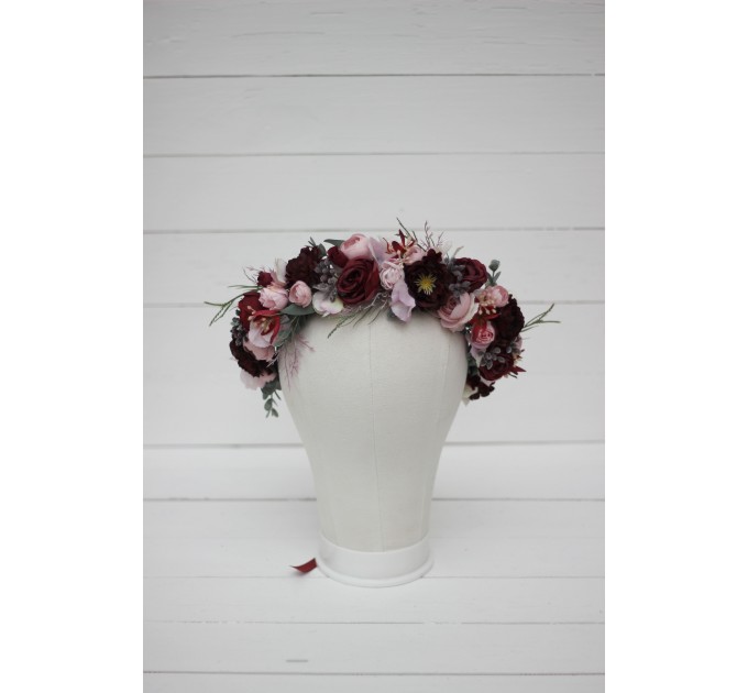 Burgundy dusty pink flower crown. Hair wreath. Flower girl crown. Wedding flowers. 5019