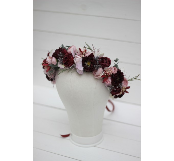Burgundy dusty pink flower crown. Hair wreath. Flower girl crown. Wedding flowers. 5019