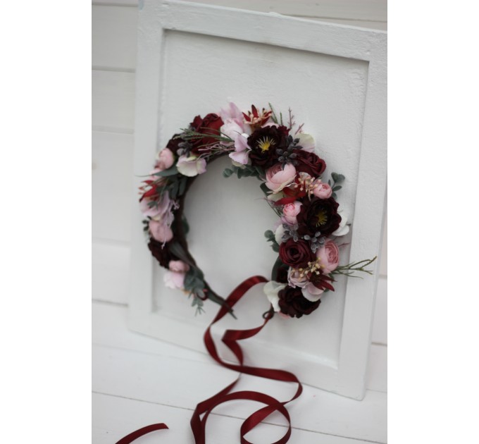 Burgundy dusty pink flower crown. Hair wreath. Flower girl crown. Wedding flowers. 5019