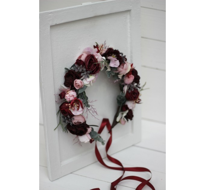Burgundy dusty pink flower crown. Hair wreath. Flower girl crown. Wedding flowers. 5019