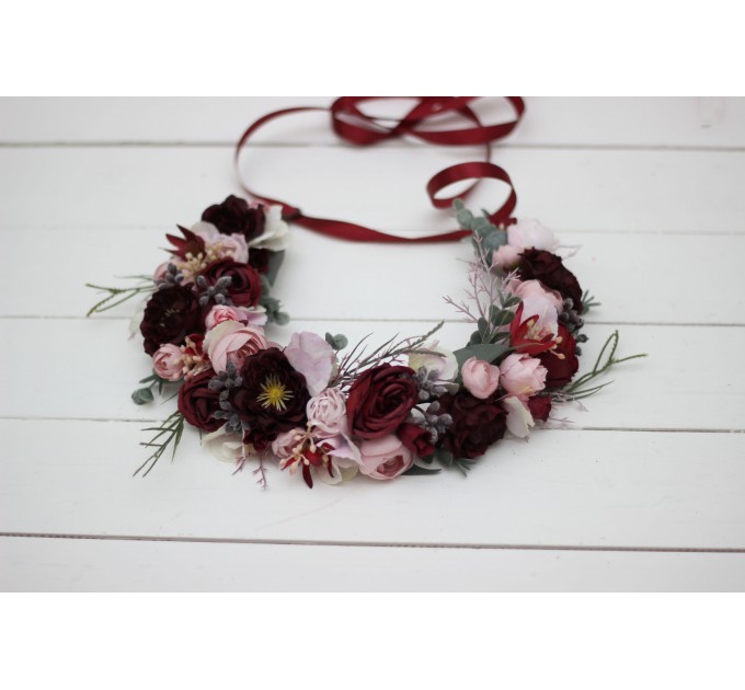 Burgundy dusty pink flower crown. Hair wreath. Flower girl crown. Wedding flowers. 5019