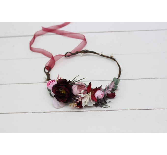 Burgundy dusty pink flower crown. Hair wreath. Flower girl crown. Wedding flowers. 5019