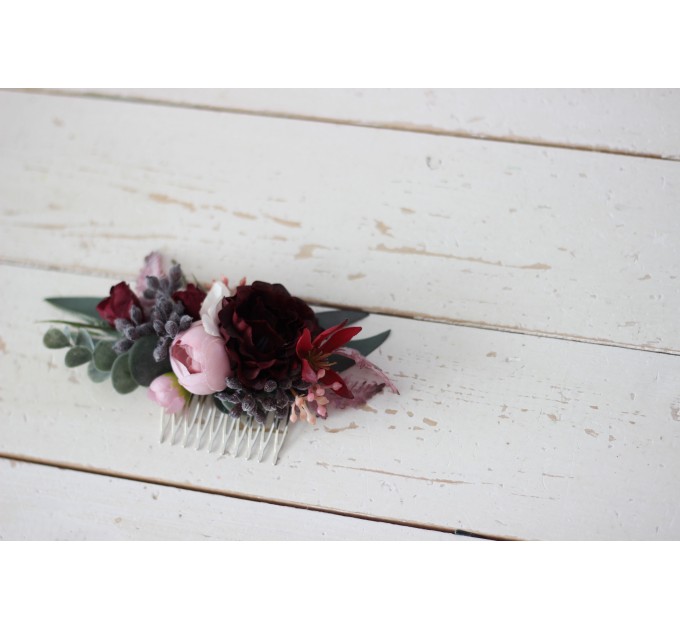 Flower comb in burgundy dusty pink color scheme. Wedding accessories for hair. Bridal flower comb. Bridesmaid floral comb. 5019